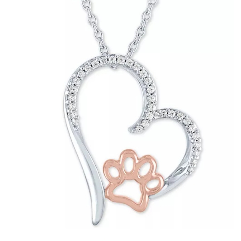 Sterling Silver Necklace Diamond Encrusted Heart & 14k Rose Gold Paw Pendant NWT - Picture 1 of 16